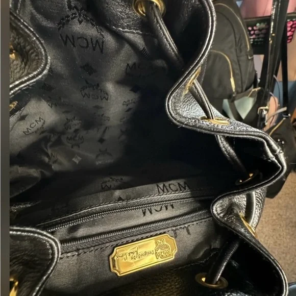 MCM Gold Studded Logo Black Pebbled Leather Backpack Tasseled Drawstring - Picture 13 of 15